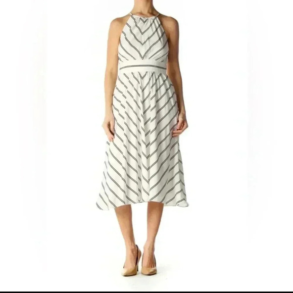 Club Monaco Silk White Stripe Halter Dress Lined size 0 L17 - Picture 1 of 10